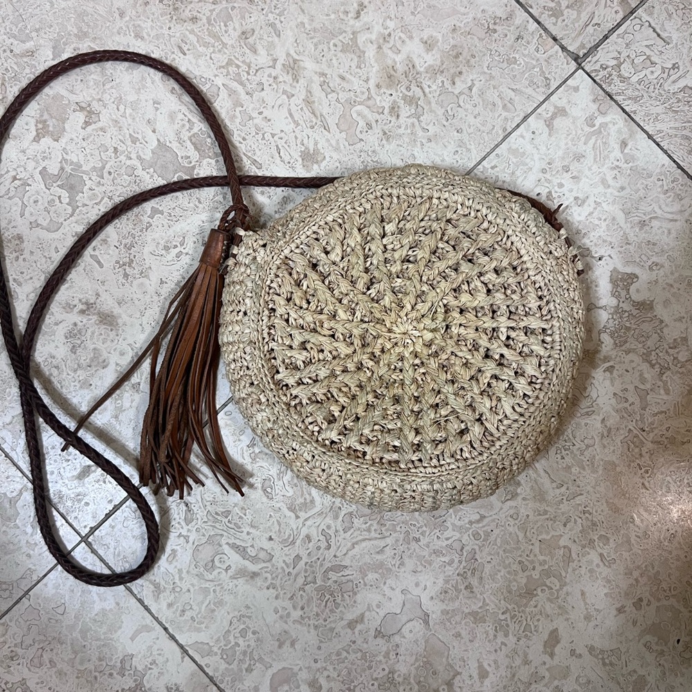 Mar Y Sol Beige Woven Crossbody Bag with leather Tassel
